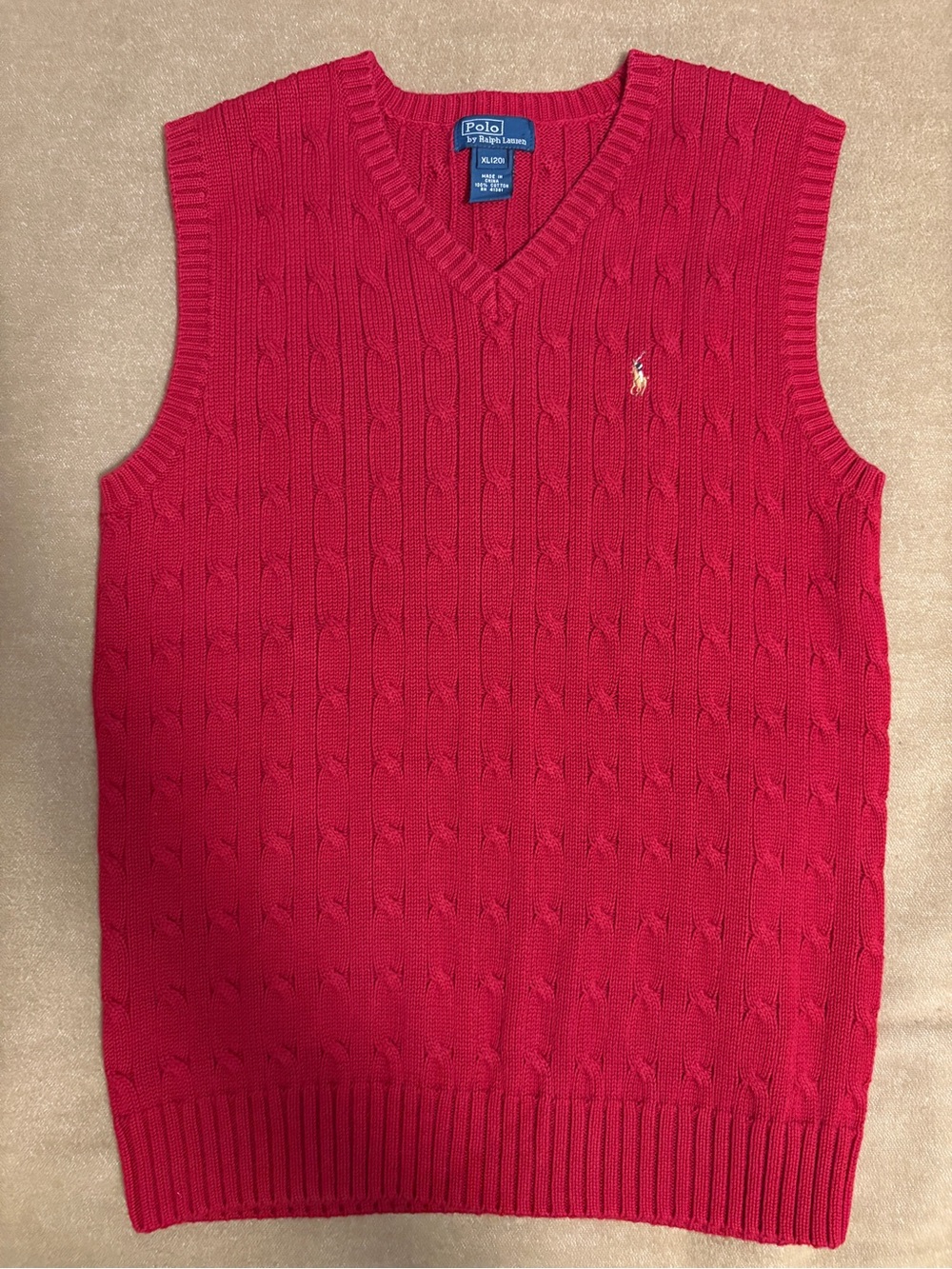 Boys XL (20) Ralph Lauren Red Cable-Knit V-Neck Sweater Vest